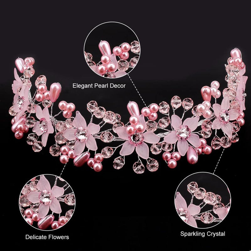 CURASA Flower Girl Crystal Pink Pearl Headband for Women's Wedding, Princess Crown for Birthday, First Communion - Image 3